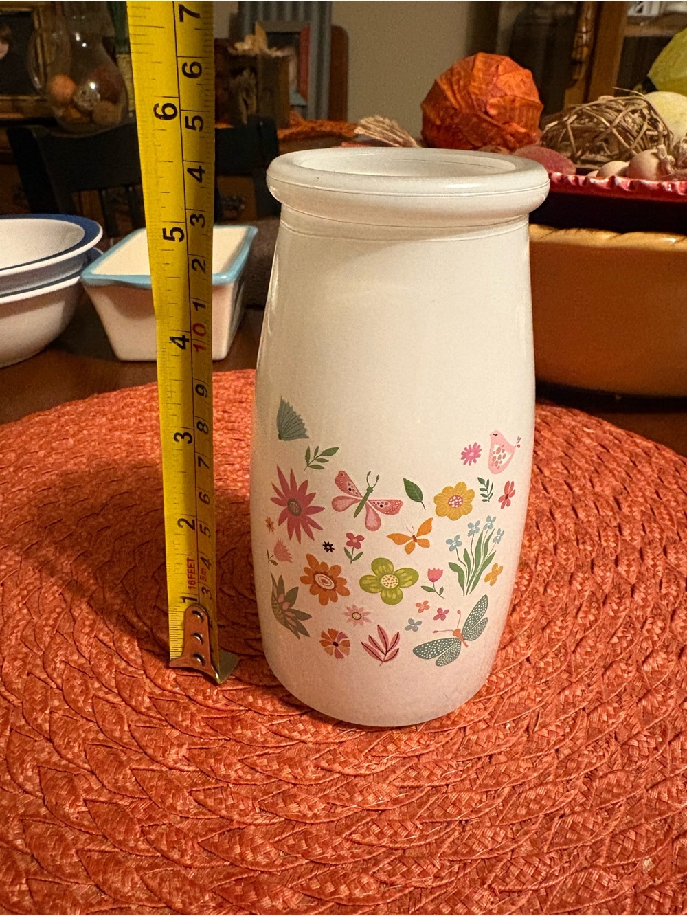 Floral Milk Glass Vase - White with Multicolor Flower Motif